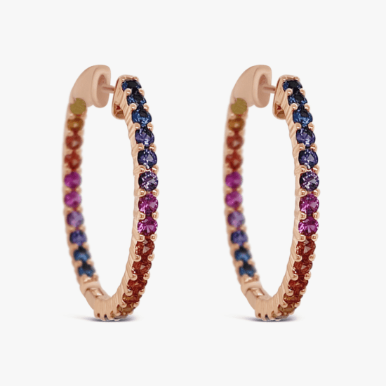 Aretes candongas Bauer Rainbow oro blanco 18K y zafiros de colores